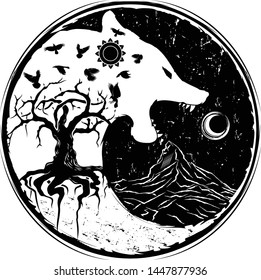 Vector illustration of the Scandinavian myths. Wolf swallowing of the moon. World tree. Raven - symbol of night. Black tribaltattoo. Grung style. Celtic culture. Wolf sign of Vikings. 