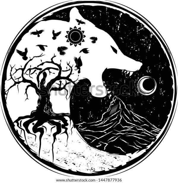北欧神話のベクターイラスト オオカミが月を飲み込む ワールドツリー レイヴン 夜の象徴 黒いトリバルタトゥー グラングスタイル ケルト文化 バイキングの狼のしるし のベクター画像素材 ロイヤリティフリー