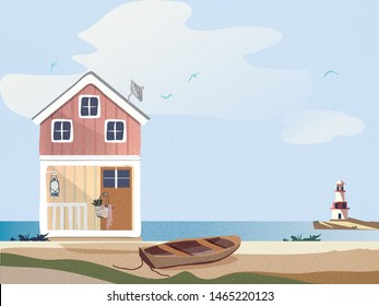 Vector illustration of Scandinavian or Nordic seaside landscape.Colorful cottage with wooden boat on the beach with lighthouse under blue sky and turquoise green sea .Scandinavian Nordic style.