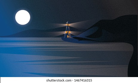Vector illustration of Scandinavian or Nordic seaside landscape.Night scene of Baltic sea with lighthouse under dark blue sky,moon and coast of Scandinavian landscape with grainy and noise texture .
