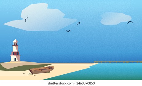 Vector illustration of Scandinavian or Nordic seaside landscape.Lighthouse,wooden boat on the beach with jetty under blue sky and turquoise green sea .Scandinavian Nordic style.