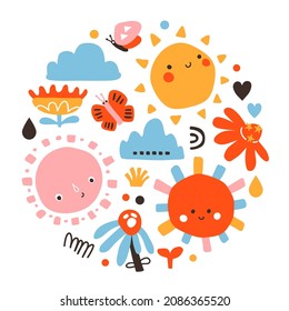 Ilustración vectorial de la impresión escandinava con soles de doodle bonitos para telas para niños, estampado de camisetas, tarjeta de saludo, pegatina