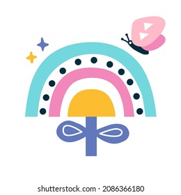 Vector illustration of scandinavian print with cute rainbow flower and bytterfly for kids fabrics, t-shirt print ,greeting card,sticker