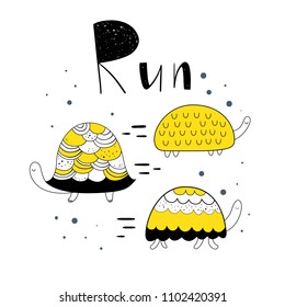 Vector illustration in Scandinavian style "cute turtle". Baby print. Cartoon background.

