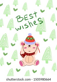 Vector illustration in Scandinavian style “Best Wishes”. Cute poster with bear in red Christmas hat and scarf. Green trees and hearts on the background. Print, postcard, greeting card