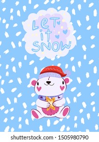 Vector illustration in Scandinavian style “Let It Snow”. Cute poster with white bear in Christmas hat and violet scarf with snowflakes on the background. Print, postcard for baby room, greeting card