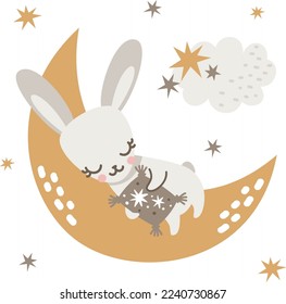 Vector illustration in Scandinavian style. Cute rabbit sleeping on the moon. Hare hugging a pillow. Children's illustration and sweet magical dream 
