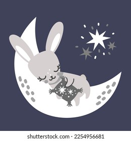 Vector illustration in Scandinavian style. Cute rabbit sleeping on the moon. Hare hugging a pillow. Children's illustration and sweet magical dream 