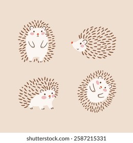 Vector illustration in Scandinavian style with cute hand drawn Hedgehogs on beige background. Funny animal design elements for baby projects.