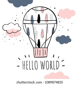 Vector illustration in Scandinavian style. Hot air balloon "Hello world"
