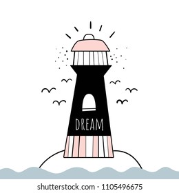 Vector illustration in Scandinavian style "lighthouse". Baby print. Cartoon background.
