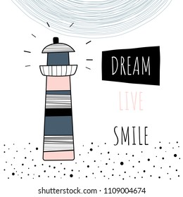 Vector illustration in Scandinavian style "lighthouse". Baby print. Cartoon background.
