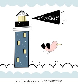 Vector illustration in Scandinavian style "lighthouse". Baby print. Cartoon background.
