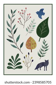 Vector illustration of Scandinavian style poster leaves and birds
