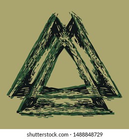 vector illustration of scandinavian valknut's modification in a grunge, engraved style isolated on beige background. For logotype and tattoo designe.