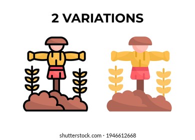 Vector illustration of scarecrow icon. Scarecrow with soil and two wheat, use flat and lineal color design style