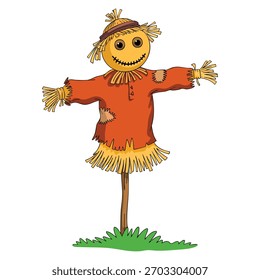 Vector illustration of scarecrow isolated on white background suitable for halloween autumn farm decoration or festive themed creative designs