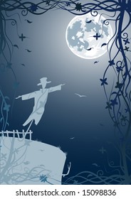 Ilustración vectorial del espantapájaros con luna y cielo azul