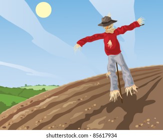 vector illustration of a scarecrow standing on a plowed hillside under a blue sky in eps 10 format