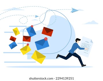 Vector illustration of a scared businessman running away from a multitude of emails chasing him. Modern character design. entrepreneurs run away from a lot of emails