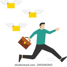 Vector illustration of a scared businessman running away from a multitude of emails chasing him. Modern character design. entrepreneurs run away from a lot of emails