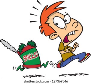 A vector illustration of scared cartoon boy being chased by a can of spinach