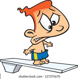 A Vector Illustration Of Scared Cartoon Boy Not Wanting To Jump Off The Diving Board