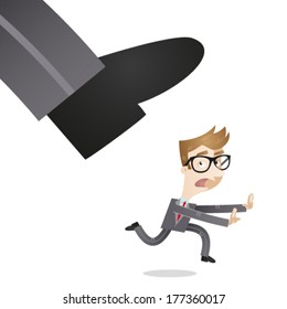 Vector illustration of a scared cartoon businessman running away from huge foot.