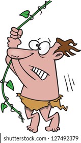 A Vector Illustration Of Scared Cartoon Man Swinging On A Vine