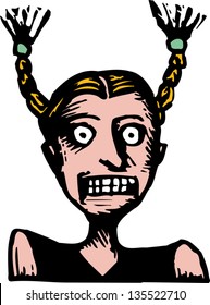 Vector illustration of Scared Girl with Pig Tails Sticking Straight Up