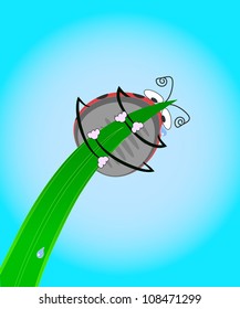 Vector Illustration of the scared ladybug on the blade of grass