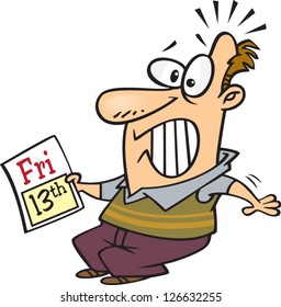 Vector illustration of scared man holding Friday the thirteenth calendar