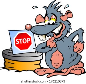 Vector illustration of  an scared Rat standing in front  of Sewer with a Stop sign