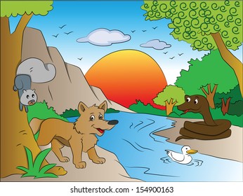 Vector illustration of scared squirrel and fox watching snake on other side of the lake.