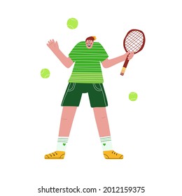 Vector illustration of a scared tennis player with a racket and balls. Hand-drawn style. Green and yellow. Poster, digital, printable.