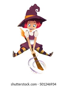 vector illustration of scared witch flying on broom. little young girl character. white background. magic sparcle. happy halloween