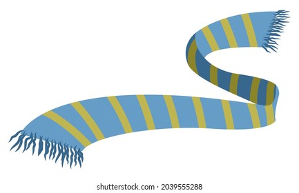 Vector illustration of a scarf, blue with green stripes. Winter scarf isolated on white background. Children's scarf in flat style, cold concept