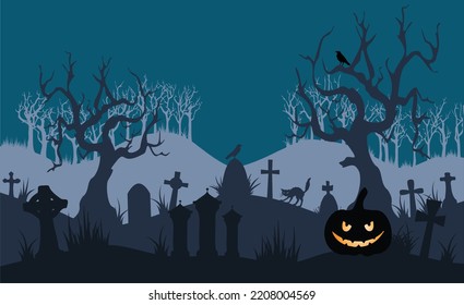 Vector illustration scary abandoned cementery at night halloween