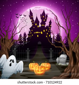 Vector illustration of Scary castle with ghost and pumpkins in the woods