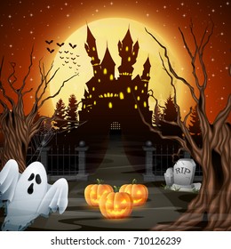 Vector illustration of Scary castle with ghost and pumpkins in the woods