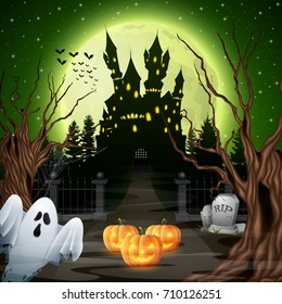 Vector illustration of Scary castle with ghost and pumpkins in the woods
