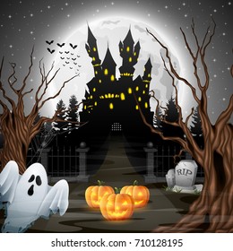 Vector illustration of Scary castle with ghost and pumpkins in the woods