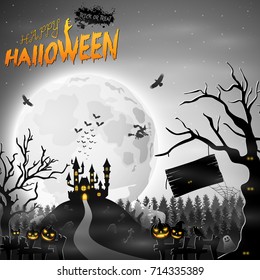 Vector illustration of Scary castle with pumpkin on graveyard