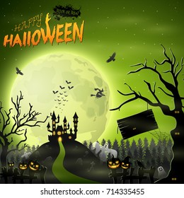 Vector illustration of Scary castle with pumpkin on graveyard