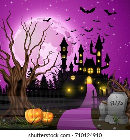 Vector illustration of Scary castle with pumpkins and bats in the woods