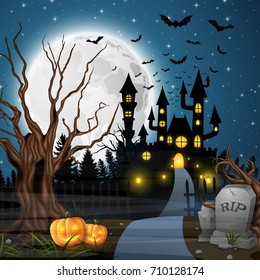 Vector illustration of Scary castle with pumpkins and bats in the woods