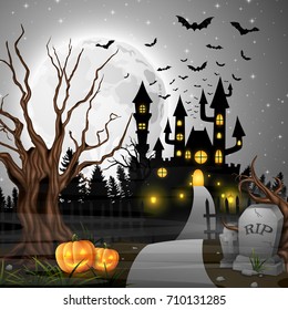 Vector illustration of Scary castle with pumpkins and bats in the woods