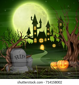 Vector illustration of Scary castle with pumpkins on the full moon