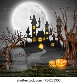 Vector illustration of Scary castle with pumpkins on the full moon