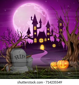 Vector illustration of Scary castle with pumpkins on the full moon